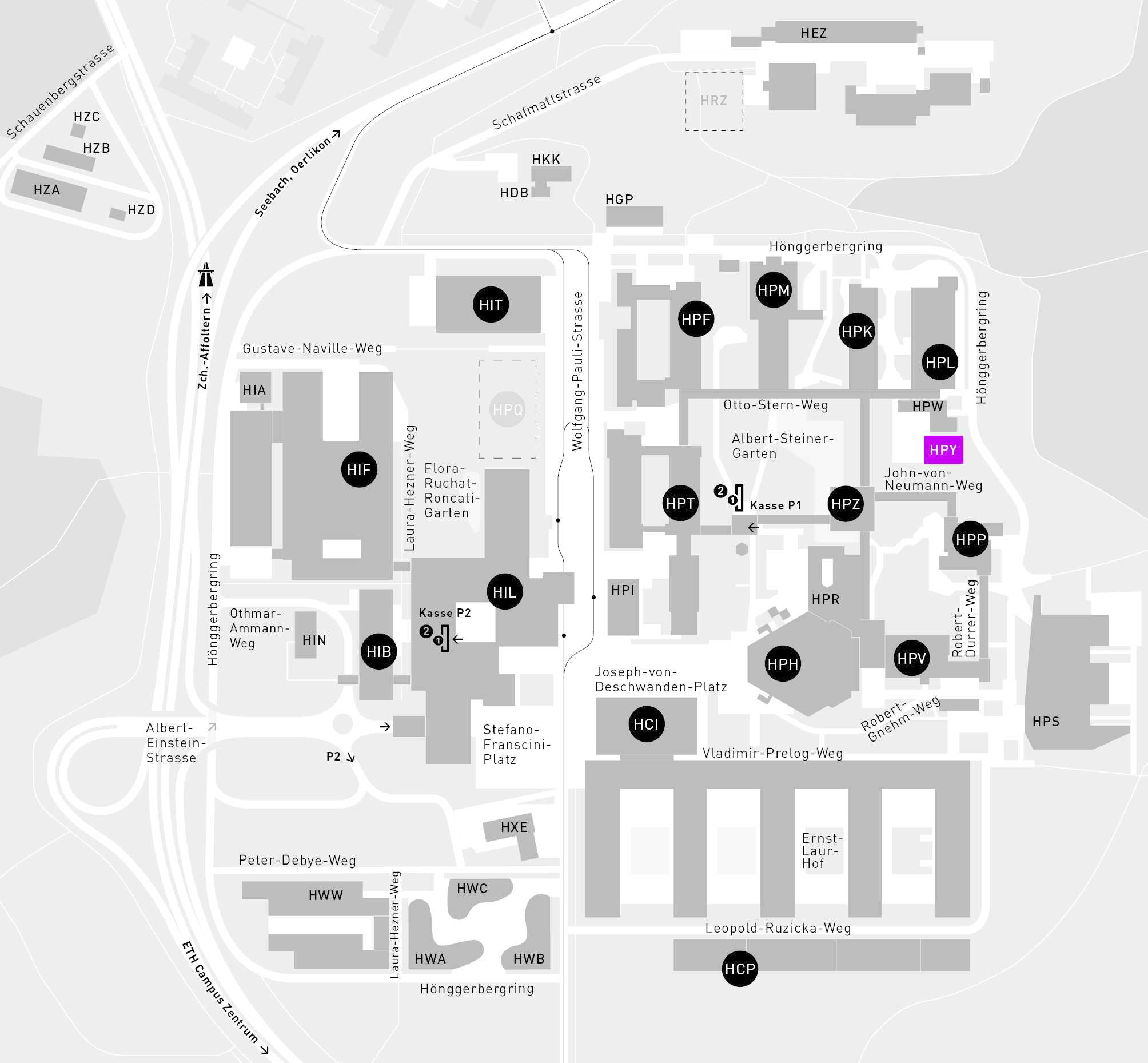 Karte zeigt den Campus Hönggerberg mit markierten Standort vom HPY