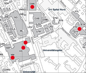 Vergrösserte Ansicht: Karte der Standorte der Validierungsterminals auf dem Campus ETH Zentrum