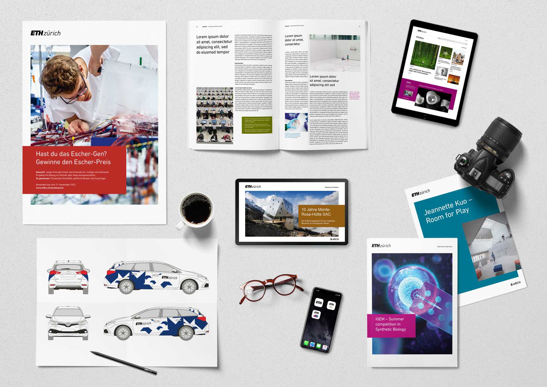 Enlarged view: Different publications and product in the new ETH corporate design arrenged next to eachother