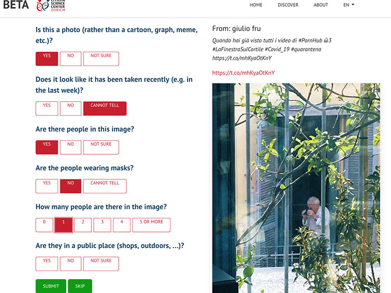 Enlarged view: AI searches for relevant tweets, volunteers classify them. (Screenshot: Citizen Scence Center Zurich)