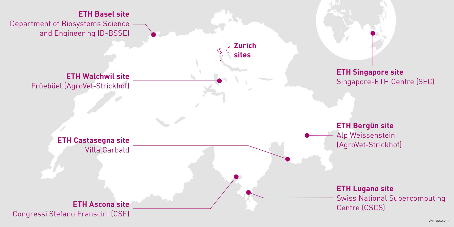 Enlarged view: Map with different ETH sites in Switzerland and Singapore