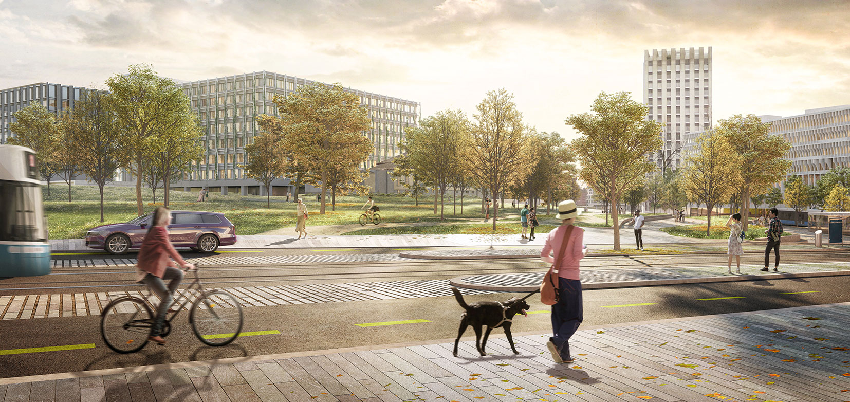 Enlarged view: View across the future Gloriapark to the new hospital USZ Campus MITTE1. (Graphic: Atelier Brunecky)