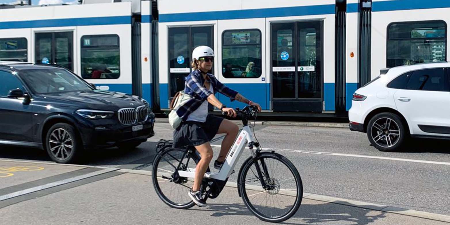 An e-bike rider in Zurich road traffic