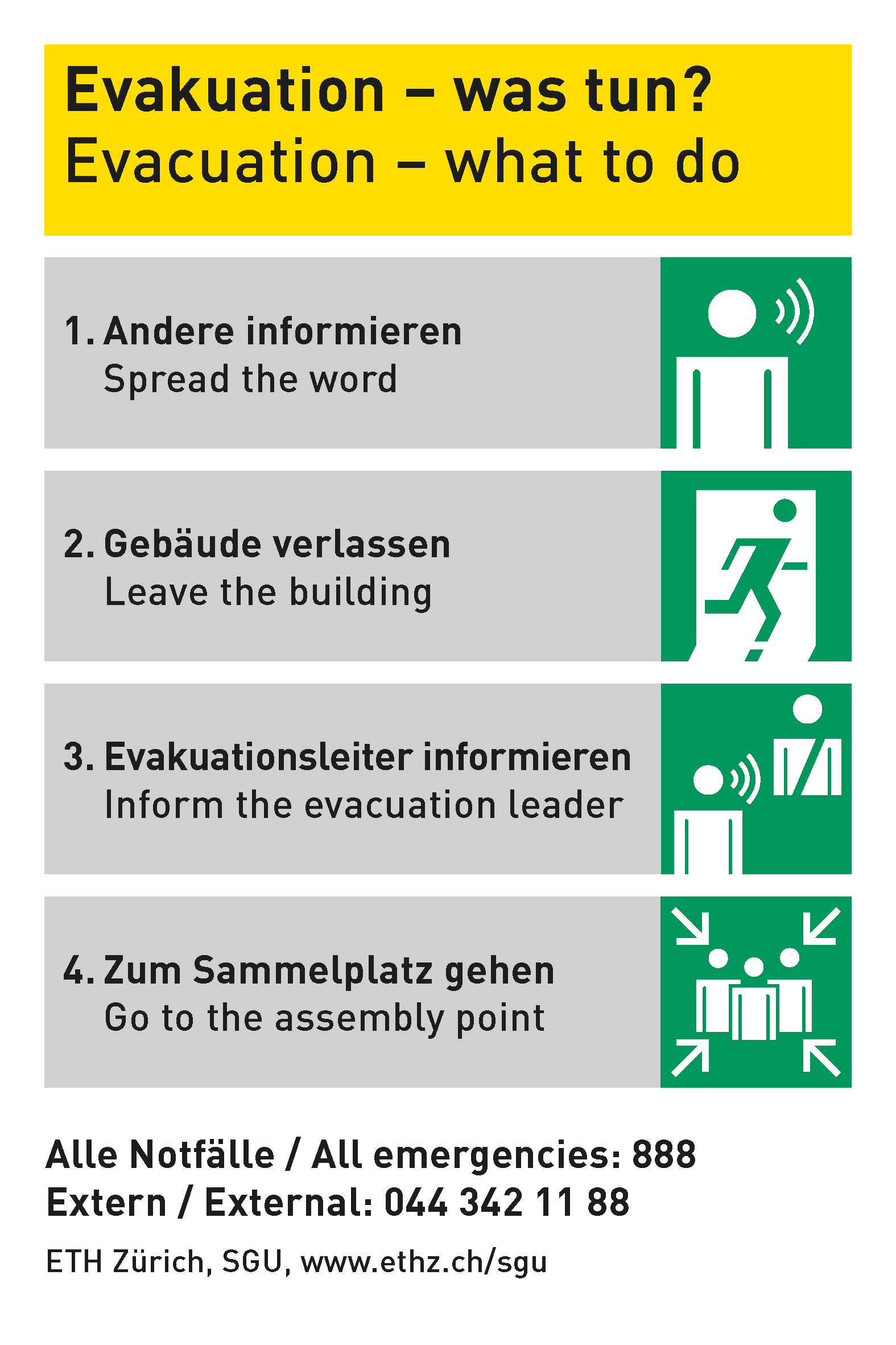 Enlarged view: Evakuation – was tun? 1. Spread the word 2. Leave the building 3. Inform the evacuation leader 4. Go to assembly point