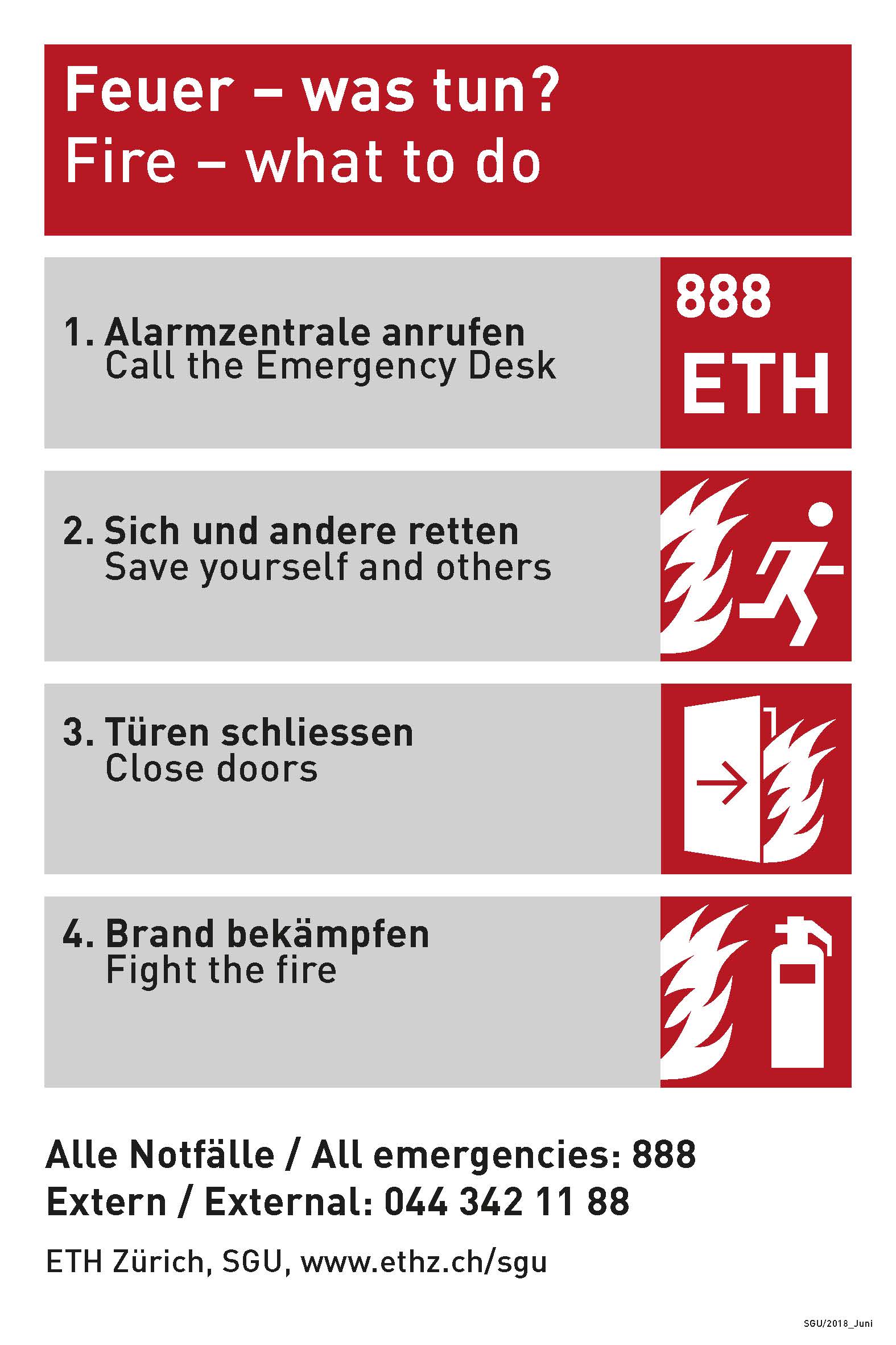 Enlarged view: Fire– what to do? 1. Call 888 2. Save yourself and others 3. Close doors 4. fight the fire